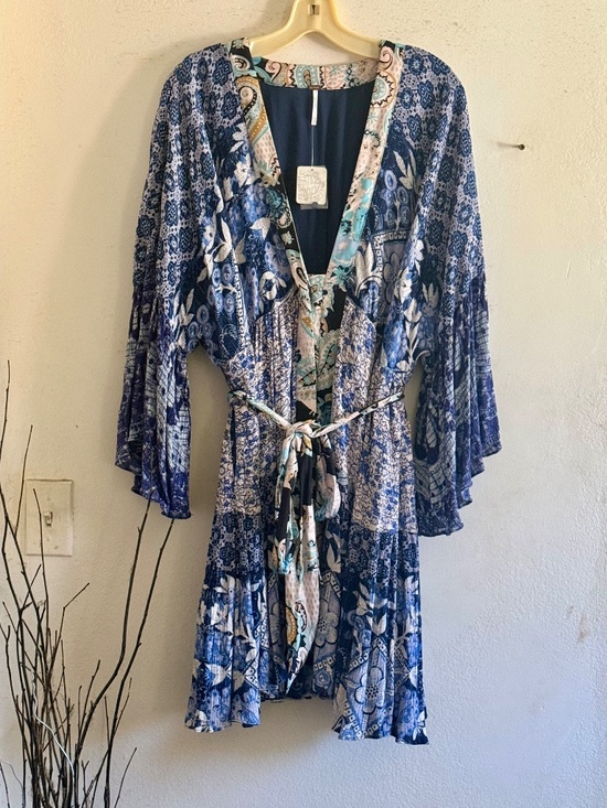 Free People Dresses & Skirts - Free People Blue Bohemian Style Dress with Silk Floral Waist Tie | NWT